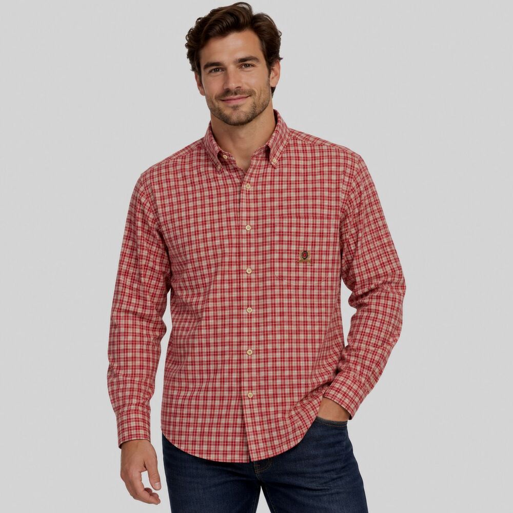 Tommy Hilfiger Mens L Red Plaid 100% Cotton Button Down Shirt Crest Logo